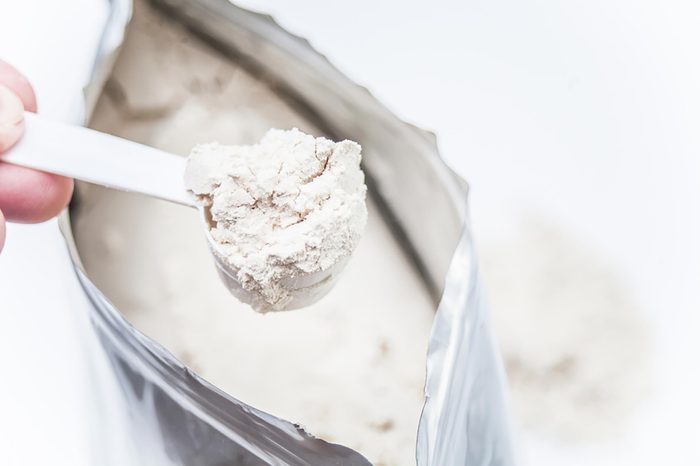 Resealable bag of protein powder.