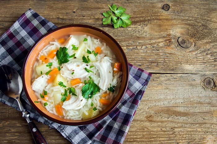 bowl of soup on checkered napkin